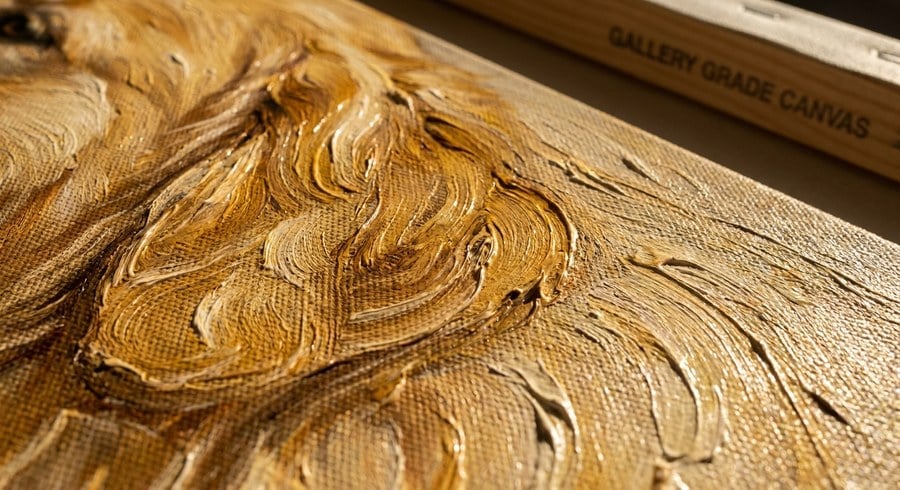 Close-up of gallery canvas texture with visible brushwork