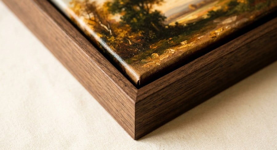 Corner of a solid wood frame showing the grain and joinery